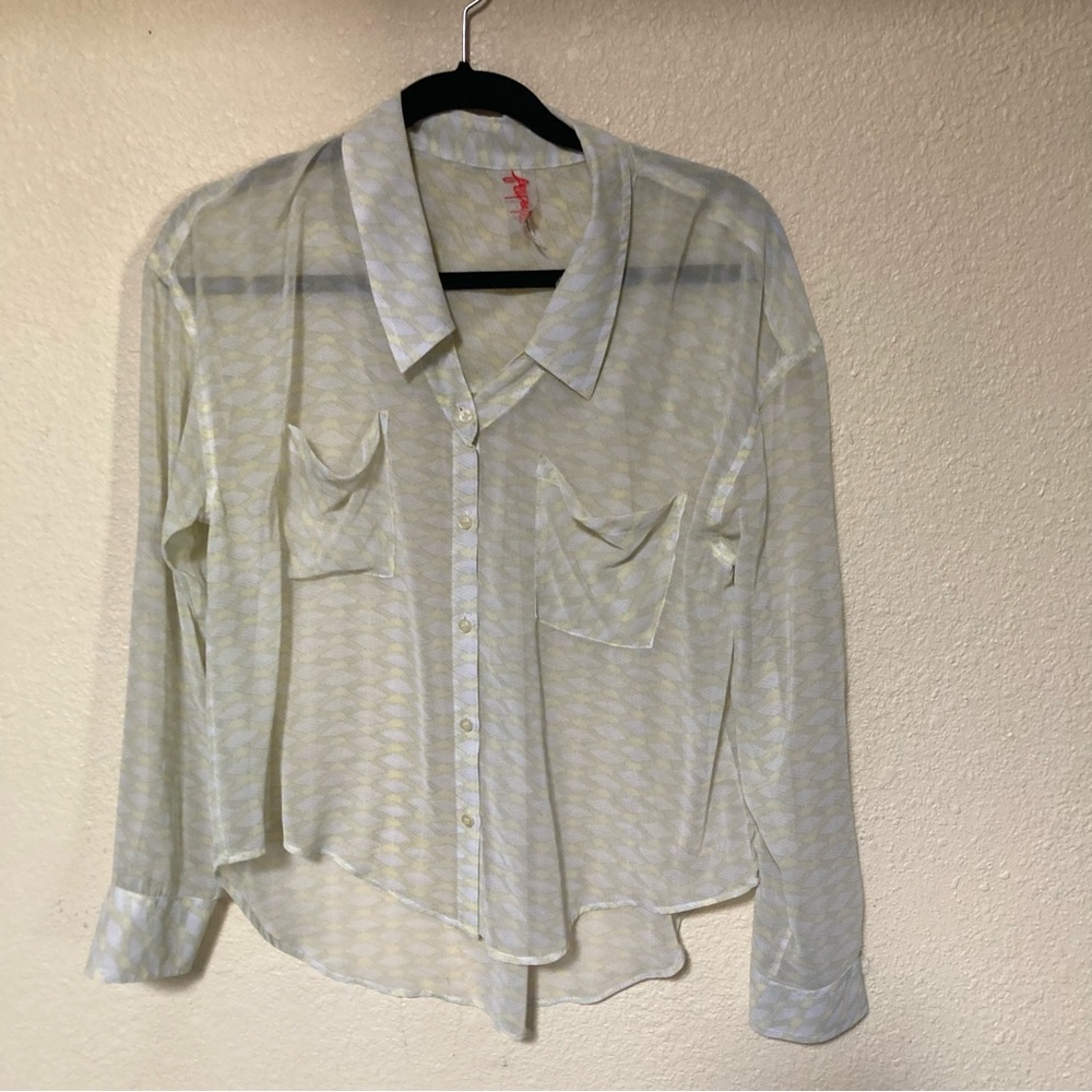 Free People Ivory & Yellow Diamond Pattern Sheer Collared Boho Top Blouse - XS